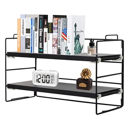 powerking Desk Shelf Organiser, 2 Tier Black Painted Metal Frame and Black Teak Board Desktop Shelves, wooden Multipurpose Display Bookcase Stora