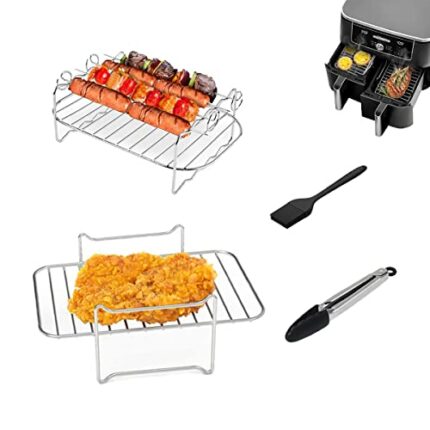 Air Fryer Rack for Ninja Dual Air Fryer, 2Pcs Layered Dehydrator Rack with 4 Skewers, Brush & Clip, 304 Stainless Steel Grilling Rack Air Fryer A