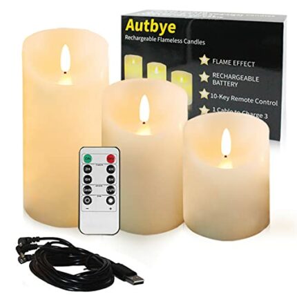 Autbye Flameless Candles Electric with Rechargeable Battery (2019 Advanced Edition) Extra Bright Ivory 3 Pack 4" 5" 6" Dripless Real Wax Pillars