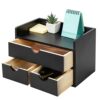 ExoLiry Black Bamboo Desk Organizer Wooden Storage Cabinet 3 Drawers with Shelf Tabletop Organization Box Home Office Workspace Bathroom Toiletri