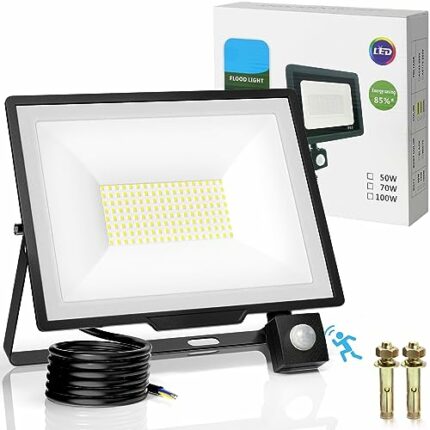 RISEMART Security Lights Outdoor Motion Sensor, 100W 10000LM LED Flood Light, IP66 Waterproof & Shock Resistant PIR Wall Light for Garden, Backya
