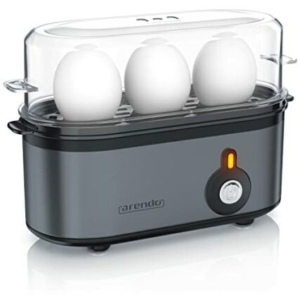 arendo - Electric Egg Boiler, Automatic Cooker with Warming Function for 1 to 3 Perfect Soft,medium and Hard Eggs, Indication Light, Water Measur