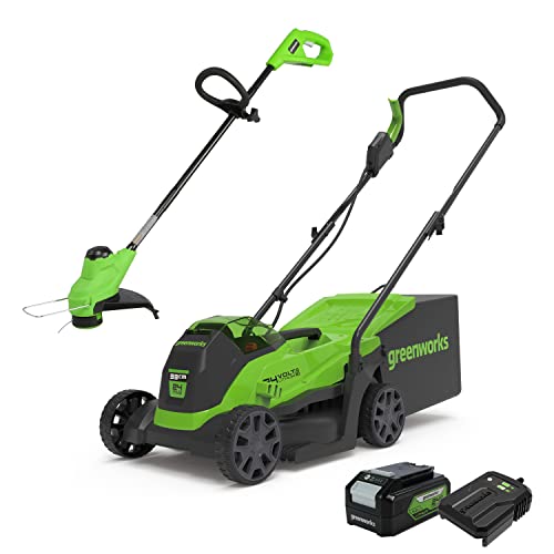 Greenworks Electric Lawn Mower 24V 33cm 30L Grass Catcher Box GD24LM33 and Cordless Grass Trimmer 25cm G24LT25 Auto Feed Head incl. 1 Battery 4Ah