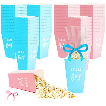 60 Pack Gender Reveal Paper Popcorn Boxes Blue Pink Decorative Dinnerware Mini Popcorn and Candy Boxes for Baby Shower Gender Reveal Party Suppli