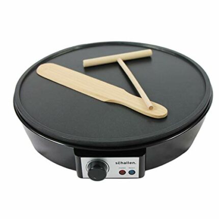 Schallen Black 1000W Electric Traditional Pancake & Crepe Maker Machine, 12" Hot Plate and Utensils Included