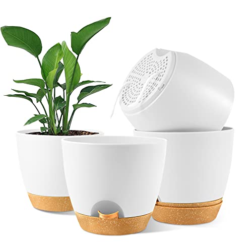 NIUXUAN 20CM Plant Pots, 4PCS Plastic Plant Pots, Self Watering Planters with Drainage Holes and Deep Reservior for Indoor Outdoor Plants, Small