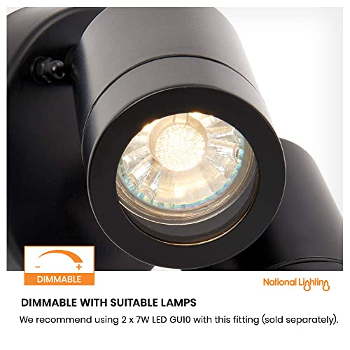 Palin IP44 Rated Outdoor Twin Spotlights, Matt Black Steel Adjustable Tilt Outside Lights, Mains Powered Security Spot Lights, 2X 7W 240V LED GU1