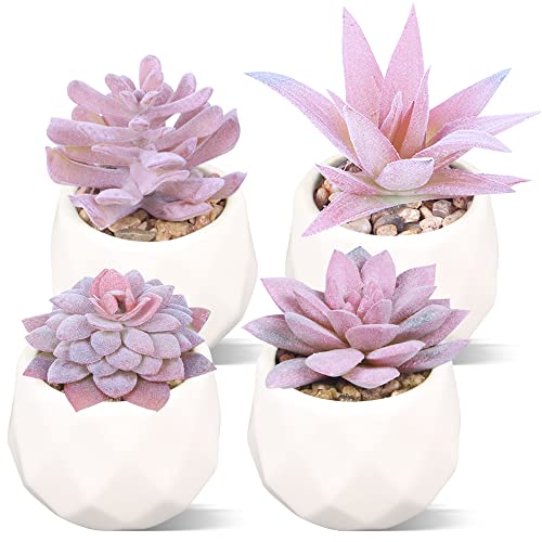 Duscdesp Set of 4 Mini Faux Succulents Plant with Pots,Small Succulent Fake Plants in Ceramic Pots, Artificial Plastic Plants Indoor for Office K
