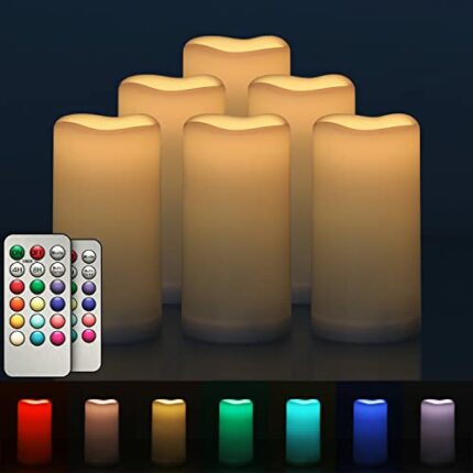 salipt Colour Changing Flameless Flickering Candles, Battery Operated LED Fake Candles Set, 6 Pack Outdoor Waterproof Remote Control Candle, ∅ 3"