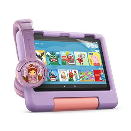 Fire HD 8 Kids tablet (Purple) + BuddyPhones PlayTime Bluetooth Child Headphones (Great Purple) + NuPro Screen Protector (2-pack)