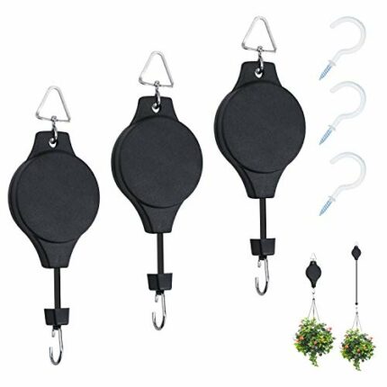 Yotako 3 Pcs Hanging Basket Pulley, Hanging Plant Pulley Retractable Hanger Adjustable Heavy Duty Plant Pulley Hook with 3Pcs White Ceiling Hooks