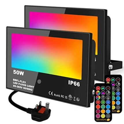 LED Floodlight Outdoor 50W, RGB Colour Changing Flood Lights, Timed Remote Control, DIY Mode Dimmable Wall Washer Garden Party Stage Light,IP66 W