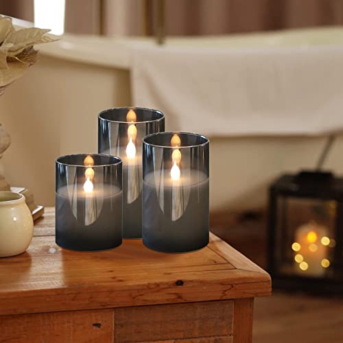 HIYAA LED Flameless Candles, Gray Glass Battery Operated Candles Flickering with Remote, 3D Wick Realistic Warm Light LED Candles Flickering with