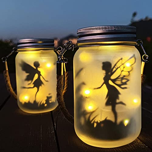 Mostof 2 Pack Fairy Solar Lantern Outdoor, Garden Ornaments IP44 Waterproof Hanging Frosted Glass Solar Mason Jar Lights for Table, Yard, Garden,