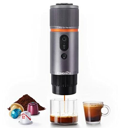 CONQUECO Portable Coffee Machine Travel - 12v Car Espresso Maker with Battery for Camping - Small Electric - 3 Mins Heating - Rechargeable USB Ch