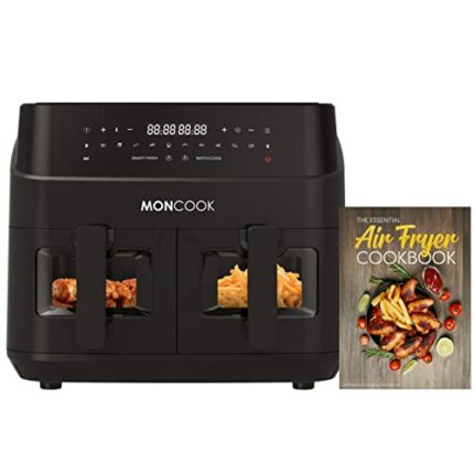 MONCOOK Double Air Fryer With Light Up Viewing Glass - Energy Efficient Airfryer Oven Alternative - 9L Twin 4.5L Baskets - 50 Recipe Cookbook - S