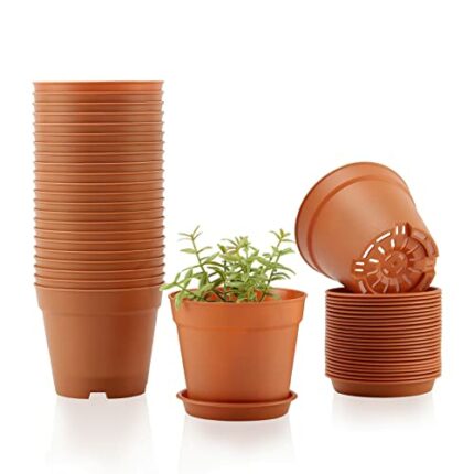 Warmplus 10cm Small Plant Pots, 24 Pack Plastic Herb Pot with Drainage Hole and Tray, Seed Seedling Pots Flower Nursery Pots for Vegetables, Flow