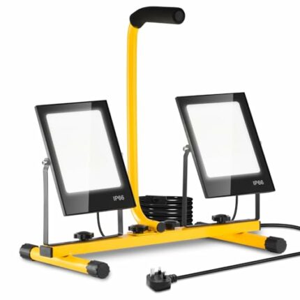 Ankishi Work Light 100W, Portable Floodlight with [2 Adjustable Heads], 12000LM LED Work Light Mains Powered, IP66 Job Site Light 6500K with 9.8f