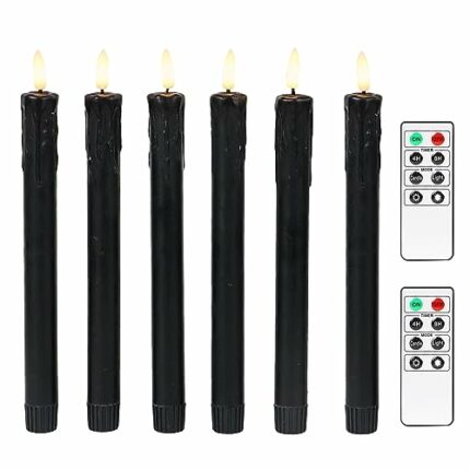 Fanna Set of 6 Black Flameless Taper Candles for Halloween with 2 Remotes Included, Battery Operated Candles with Timer Wax Dripping, Warm White