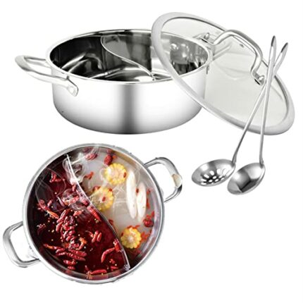 MOVKZACV Hot Pot Cooker, Mandarin Duck Pot, S-Type Stainless Steel Hot Pot With Lid and 2 Ladles, Yin Yang Hot Pot with Divider for Induction Coo