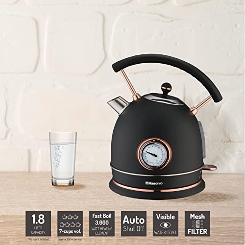 Rasonic Classic Retro Electric Kettle 1.8L Stainless Steel, 3KW Fast Quiet Boiling, Temperature Gauge, LED Light, Auto Shut-Off, Home Kitchen, Of