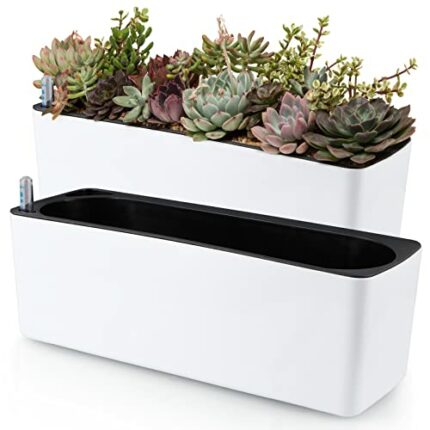 Skelang 2-Pack Self Watering Planter, Rectangle Flower Pot with Water Level Indicator, Window Gardening Box for Indoor Plant, Succulent, Herb, Ve