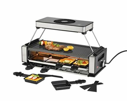 Unold Smokeless Electric Raclette & Grill 48785 - Extraction Hood with Carbon Filter - Reversible Grill/Griddle Plate - 1200W - For up to 8 Perso