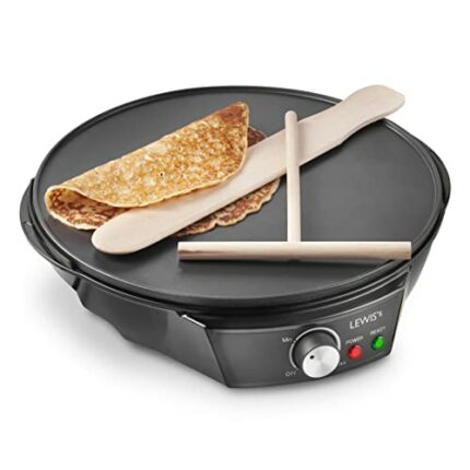 Lewis’s 1200W Electrical Pancake and Crepe Maker - 12" Non-Stick Hot Plate With Raised Edges For Reduced Wastage with Adjustable Temperature and