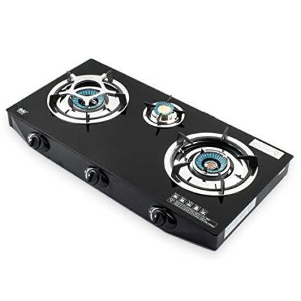 NJ NGB-S3 Indoor Gas Stove - 3 Burner Portable Gas Hob LPG Cooker Cooktop for Caravan Black Glass Freestanding Table Top for Home Kitchen Camping