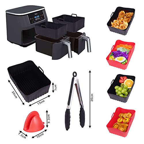 ANX Silicone Air Fryer Liners (2-Pack) for Ninja AF300UK & AF400UK | 2PCS Silicone Mitts & Kitchen Tongs for Reusable Dual Air Fryer Liner | Air