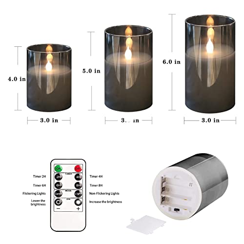 HIYAA LED Flameless Candles, Gray Glass Battery Operated Candles Flickering with Remote, 3D Wick Realistic Warm Light LED Candles Flickering with