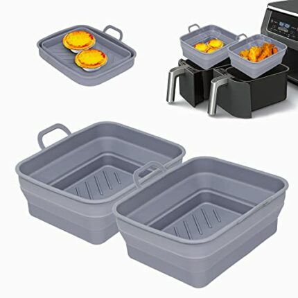 2022 Upgraded 2PCS Foldable Silicone Air Fryer Liner for Ninja Air Fryer Dual Large 【Ninja UK300/400】Air Fryer Liner Reusable, Ninja Dual Air Fry