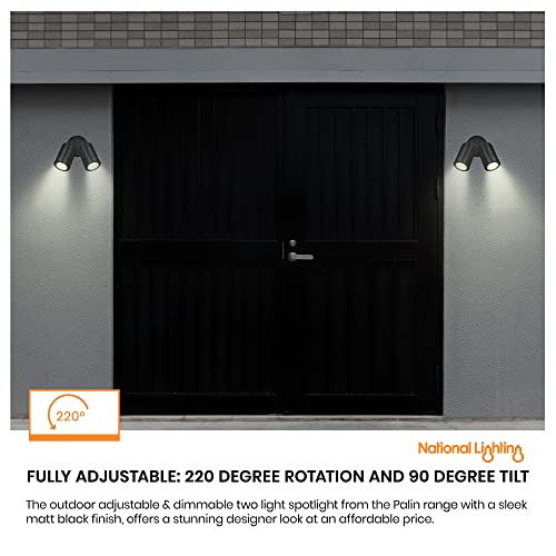 Palin IP44 Rated Outdoor Twin Spotlights, Matt Black Steel Adjustable Tilt Outside Lights, Mains Powered Security Spot Lights, 2X 7W 240V LED GU1