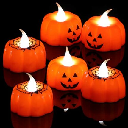 Honoson Halloween Pumpkin Spider Tealights, 6 Pcs Halloween Candles Flameless Battery Operated 3D LED Tealight Candles Warm White Flickering for
