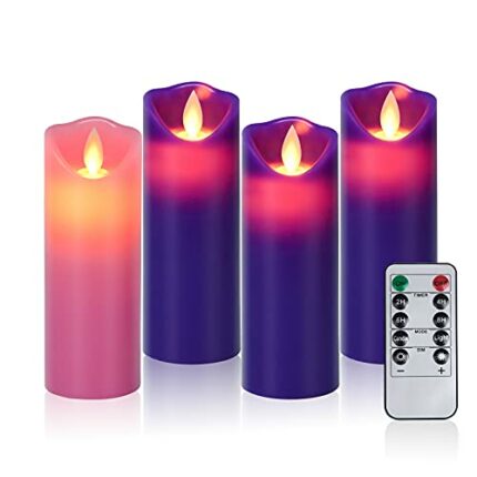 Aku Tonpa Christmas Products 3 Purple and 1 Pink Battery Operated Flameless Advent Candles with Remote Control and Timer, 2.15"x6"