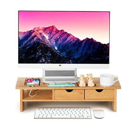 Monitor Stand Riser Desk Organizer-Bamboo 2 Tier Laptop Stand with Drawers,Adjustable Desktop Storage Organizer for Computer, Use in Office,Home/