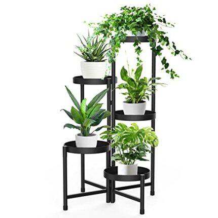 iDavosic.ly 5 Tier Metal Plant Stand for Indoor Outdoor, Corner Tall Plant Shelf for Multiple Plants, Foldable Flower Pot Holder Display Stand fo