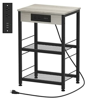 Printer Stand Industrial 3 Tier Printer Table with Storage and Charging Station Printer Stand Holder with Wood Shelves Printer Shelf with USB Por
