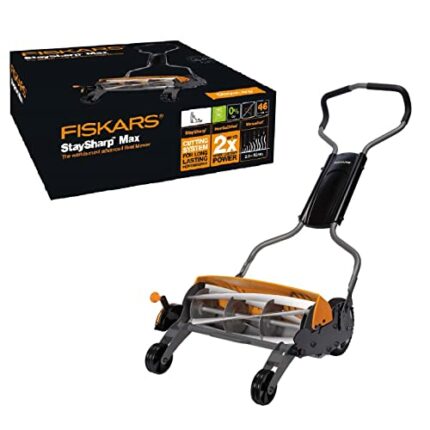 Fiskars Reel Mower, Lawn mower with contactless cutting system, cutting width: 46 cm, StaySharp Max, Black/Orange/Silver, 1000591