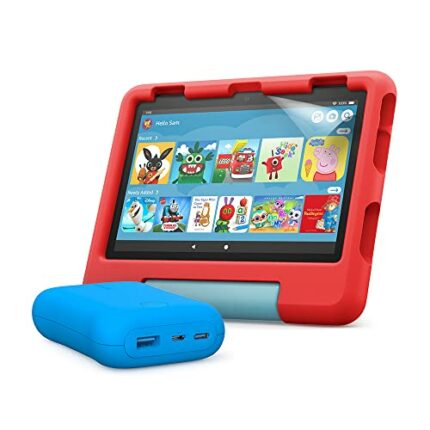 Fire HD 8 Kids tablet (Red) + Kids Portable Charger (Blue) + NuPro Screen Protector (2-pack)