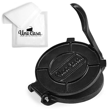 Uno Casa Tortilla Press Cast Iron - 8 Inch, Pre-Seasoned Tortilla Maker for Corn Tortillas with 100 Pcs Parchment Paper - Roti Maker Chapati Make