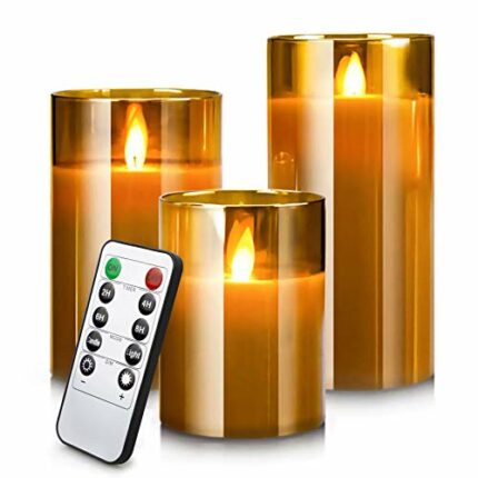 YMing LED Flameless Candles, Real Wax Moving Effect Flickering Glass Candles Set, Pillar Battery Operated Candles with Timer Remote,4" 5" 6" Pack