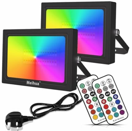 MEIHUA 35W RGB Flood Lights Outdoor Garden Lights 360 Degree RF Remote Control Auto Timer Color Changing Led Flood Lights for Christmas Halloween