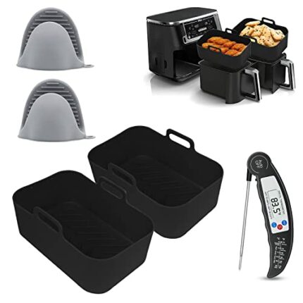 Ninja Air Fryer Accessories, 5PCS Silicone Air Fryer Liner with Digital Thermometer/Silicone Gloves, Air Fryer Liners, Double Air Fryer Rack Acce