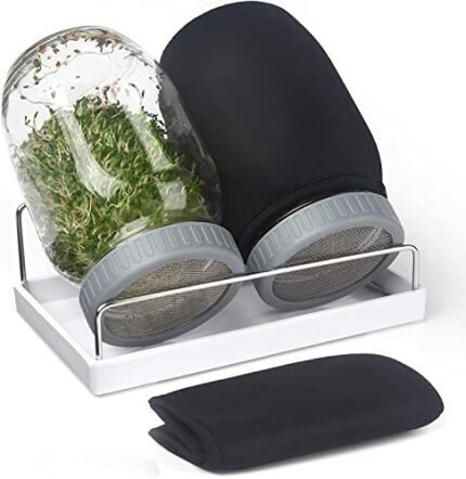Complete Sprouting Jar Kit| 2 Wide Mouth Mason Jars, 316 Screen Sprout Lids, Blackout Sleeves, Tray, Stand| Sprouter Set for Growing Broccoli, Al