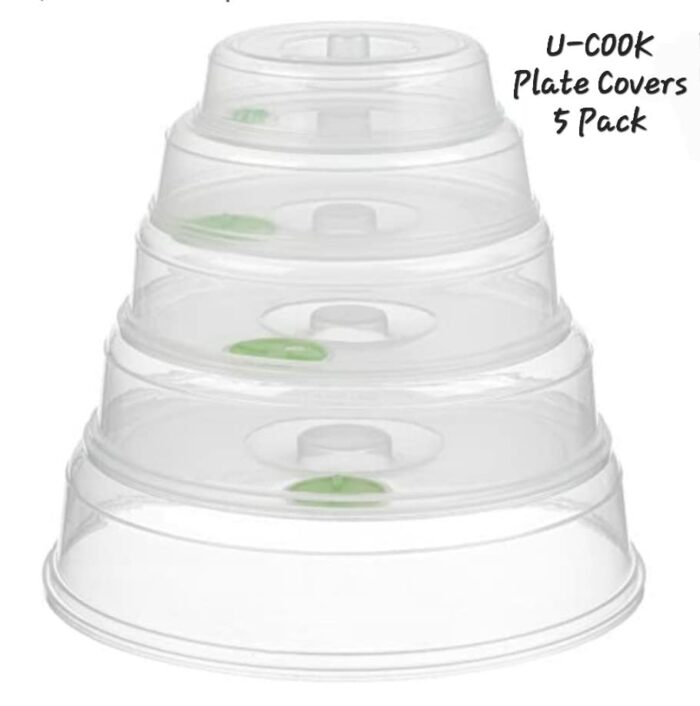 U-COOK Microwave Plate Cover Lid (5 Piece Set) - Dish Cover with Splatter Protection Guard, Steam Ventilation - Mixed Sizes For Large & Small Pla