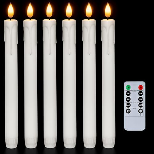 Homemory 6 Pcs LED Flameless Taper Candles with Remote, Flickering Battery Operated CandleSticks, Plastic Window Candles, 24CM for Halloween Chri