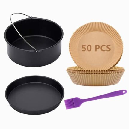 Air Fryer Accessories, Includes 7 inch Cake Barrel, Pizza Pan and 50Pcs Non-stick Disposable Air Fryer Liners Baking Paper, Silicone Basting Past