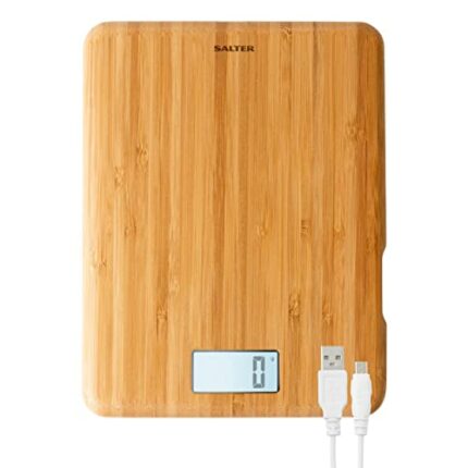Salter 1094 WDFSCEU16 Rechargeable Digital Kitchen Scale - 5kg Capacity, Precise Weight Food Scale, FSC®-Certified Bamboo Platform, USB Cable Inc