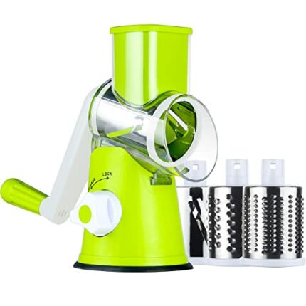 Ourokhome Rotary Cheese Grater Slicer- Vegetable Mandoline Slicer with 3 Interchangeable Ultra Sharp Cylinders Stainless Steel Blades（Green）